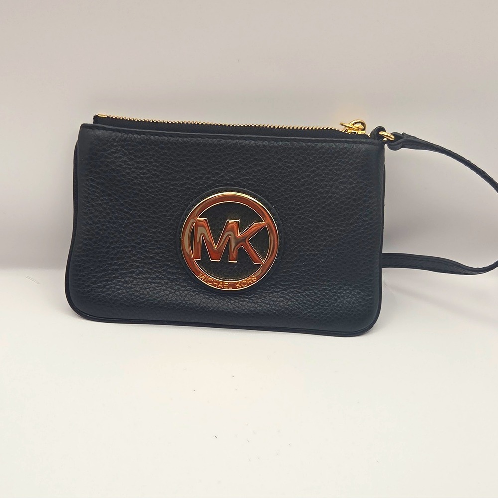 Michael Kors Black MK Logo Zip Wristlet Pouch w/ Wrist Strap, Gold Hardware